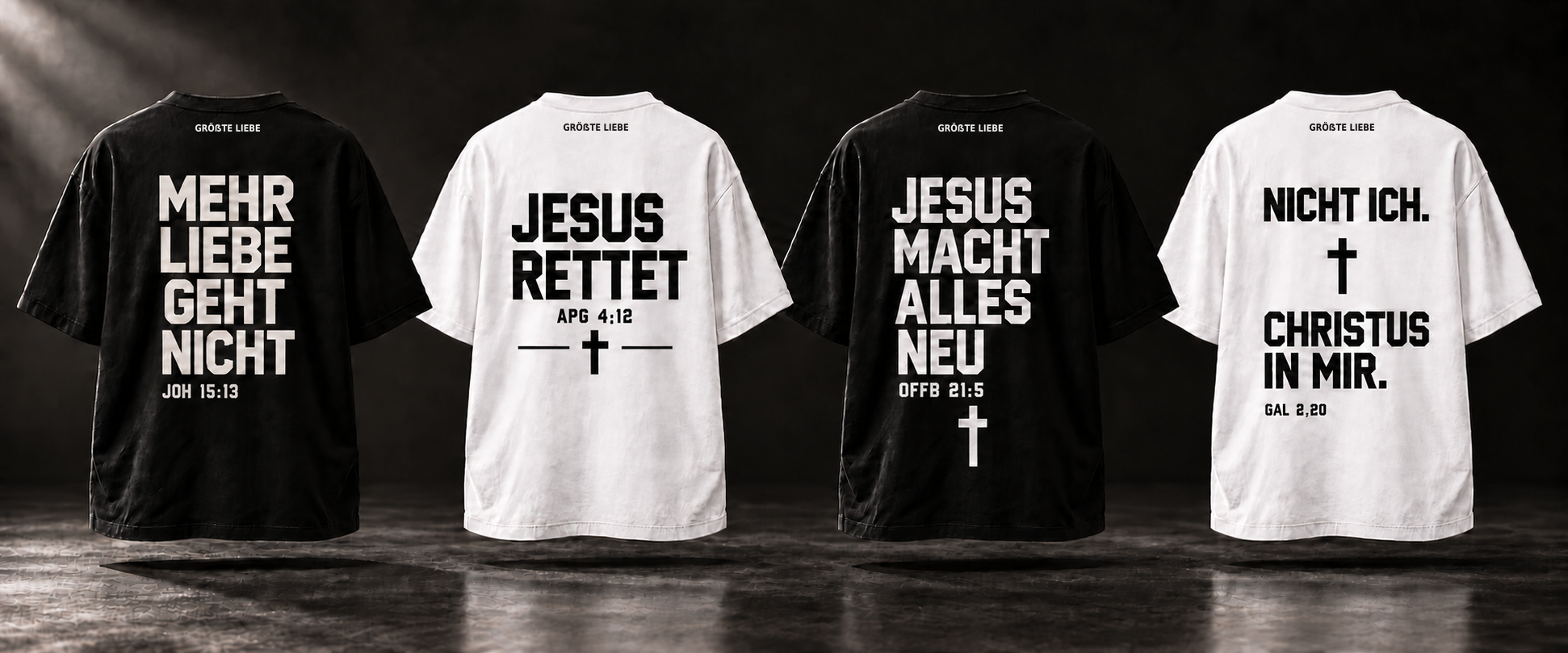Vier Rückseiten-Designs der GRÖSSTE LIEBE Kollektion mit Bibelstellen