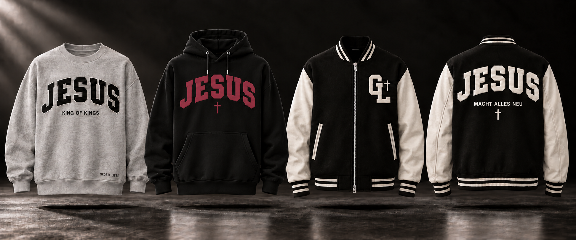 Weißer College-Pullover, schwarzer Hoodie mit Bordeaux-Druck und Varsity-Jacke von GRÖẞTE LIEBE