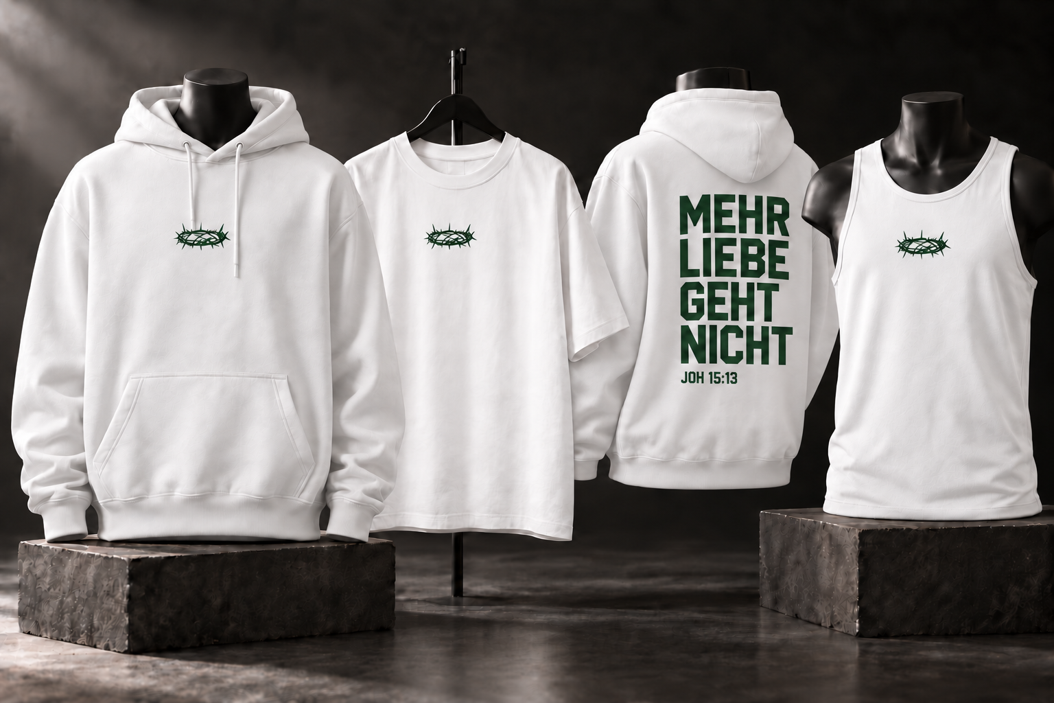 Weiße GRÖẞTE LIEBE Kollektion mit dunkelgrüner Dornenkrone und Johannes 15:13